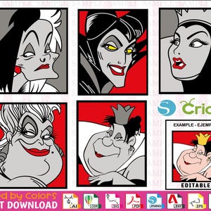 Puede incluir: Un collage digital de seis personajes de villanos de Disney diferentes. Cada personaje está en un marco cuadrado con un fondo rojo. Los personajes son Cruella de Vil, Maléfica, la Reina Malvada, Úrsula, Lady Tremaine y la Reina de Corazones. Los personajes están todos en blanco y negro con acentos rojos.