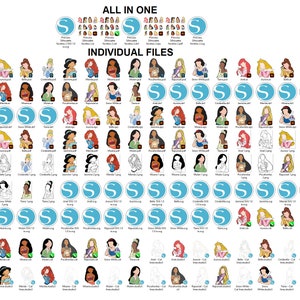 May include: A collection of digital images featuring various Disney princesses, including Ariel, Aurora, Belle, Cinderella, Jasmine, Mulan, Pocahontas, Rapunzel, Snow White, and Tiana. The images are available in different formats, including PDF, EPS, SVG, and PNG. The images are perfect for crafting, scrapbooking, and other creative projects.