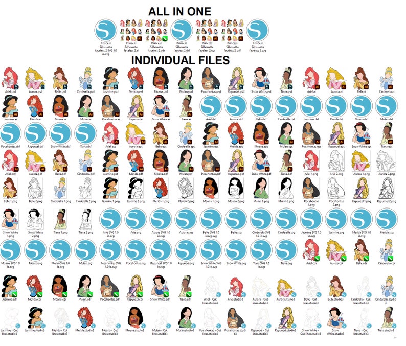 May include: A collection of digital images featuring various Disney princesses, including Ariel, Aurora, Belle, Cinderella, Jasmine, Mulan, Pocahontas, Rapunzel, Snow White, and Tiana. The images are available in different formats, including PDF, EPS, SVG, and PNG. The images are perfect for crafting, scrapbooking, and other creative projects.