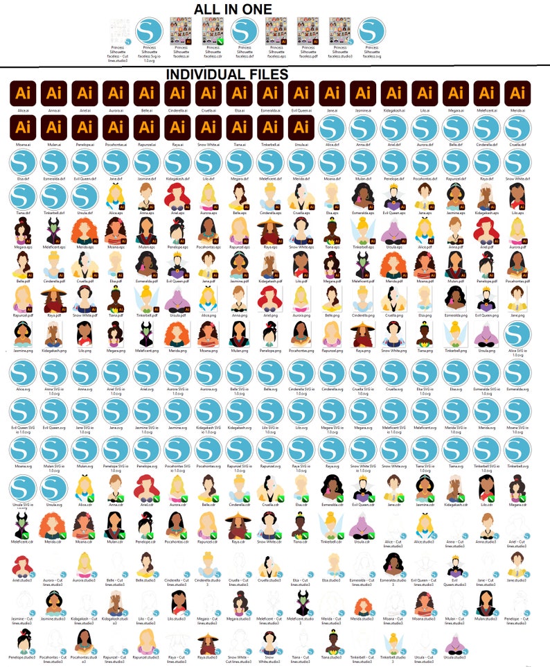 Peut inclure: Fichiers num&eacute;riques avec des illustrations de princesses, dont Aurore, Belle, Cendrillon, et d'autres. L'image pr&eacute;sente des fichiers individuels et une option 'All in One', avec des types de fichiers comme AI et SVG. Les fichiers sont organis&eacute;s avec le texte 'INDIVIDUAL FILES'.