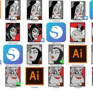 Puede incluir: Una colecci&oacute;n de ilustraciones digitales con el personaje de Disney, &Uacute;rsula, de la pel&iacute;cula La Sirenita. Las ilustraciones son de varios estilos y colores, incluyendo blanco y negro, rojo y azul. Las ilustraciones est&aacute;n etiquetadas con nombres de archivo, como "Ursula.ai", "Ursula.pdf" y "Ursula.jpg".