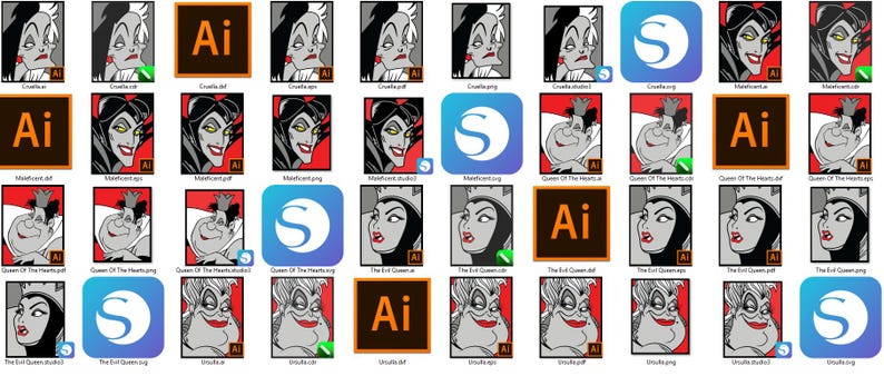 Puede incluir: Una colecci&oacute;n de ilustraciones digitales con el personaje de Disney, &Uacute;rsula, de la pel&iacute;cula La Sirenita. Las ilustraciones son de varios estilos y colores, incluyendo blanco y negro, rojo y azul. Las ilustraciones est&aacute;n etiquetadas con nombres de archivo, como "Ursula.ai", "Ursula.pdf" y "Ursula.jpg".