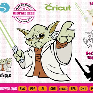 Puede incluir: Un personaje de dibujos animados verde de Yoda con una túnica blanca y detalles marrones, sosteniendo un sable de luz. La imagen está en capas, con una silueta negra de Yoda en el fondo. El texto "Cricut" y "Back Layer Included" es visible en la imagen.