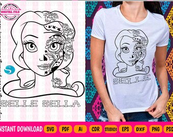 Princess  Belle Svg - Belle Sugar skull Silhouette - Princess Sugar Skull - Princess Halloween - Belle Halloween - New Version. Beauty svg