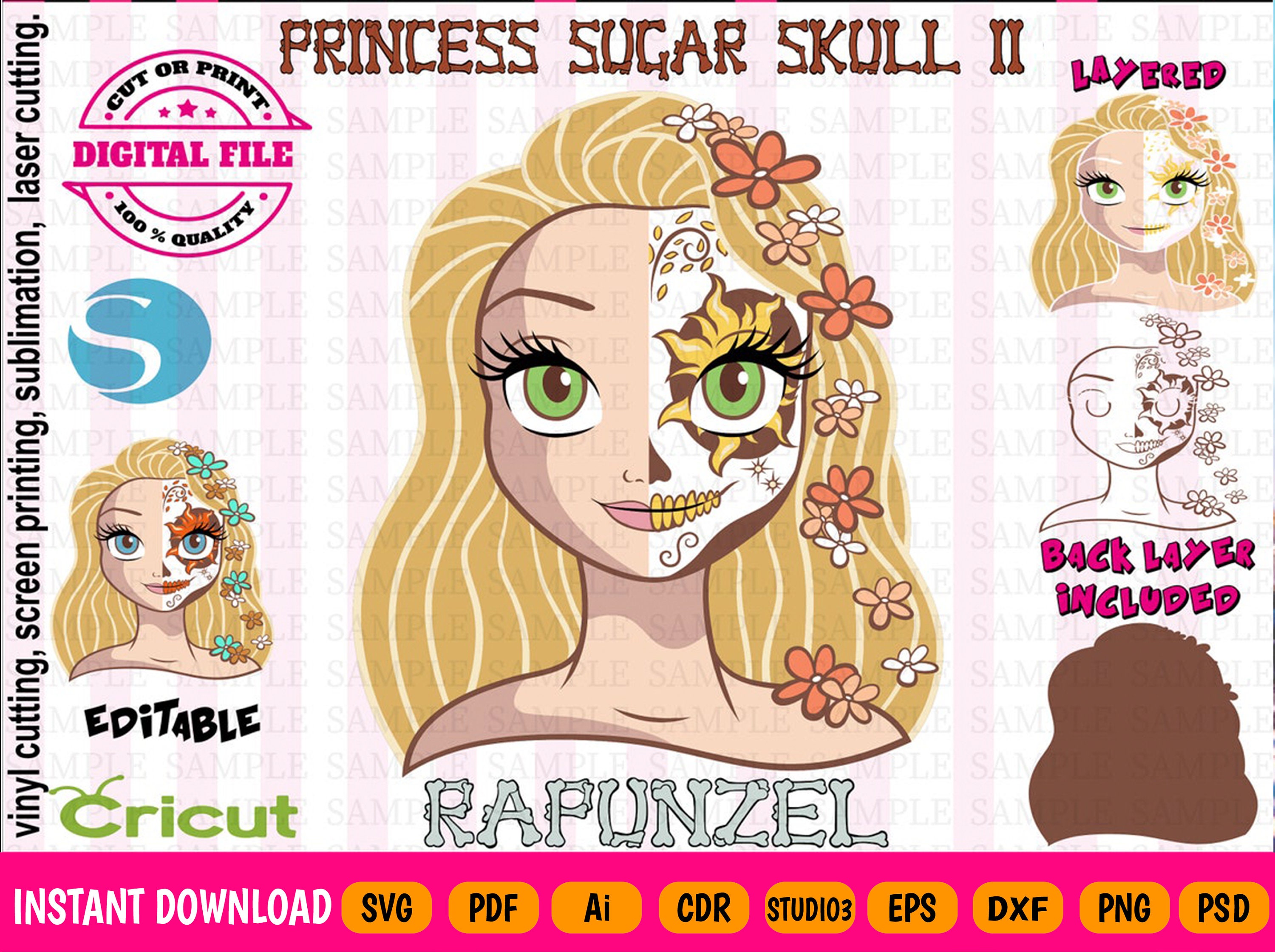 Princess  Rapunzel Svg - Rapunzel Version 2 - Princess Sugar Skull - Princess Halloween - Rapunzel Halloween - Instant Download
