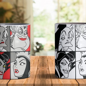 Puede incluir: Taza de cer&aacute;mica blanca con una ilustraci&oacute;n en blanco y negro de cuatro personajes de villanos de Disney: &Uacute;rsula, Cruella de Vil, Mal&eacute;fica y la Reina Malvada. La taza tiene un interior gris.