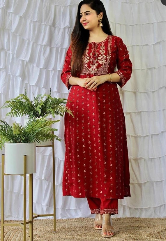 Buy Red Muslin Silk Kurti Pant and Dupatta Set Designer Kurti Set Online in  India  Etsy