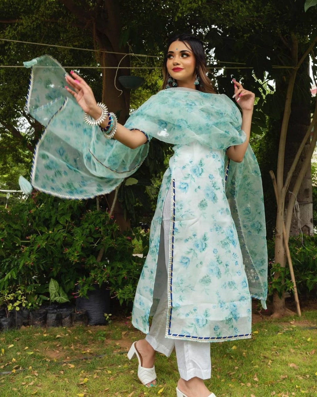 Blue Organza Kurti Pant With Dupatta Set Kurti Dupatta Set - Etsy UK
