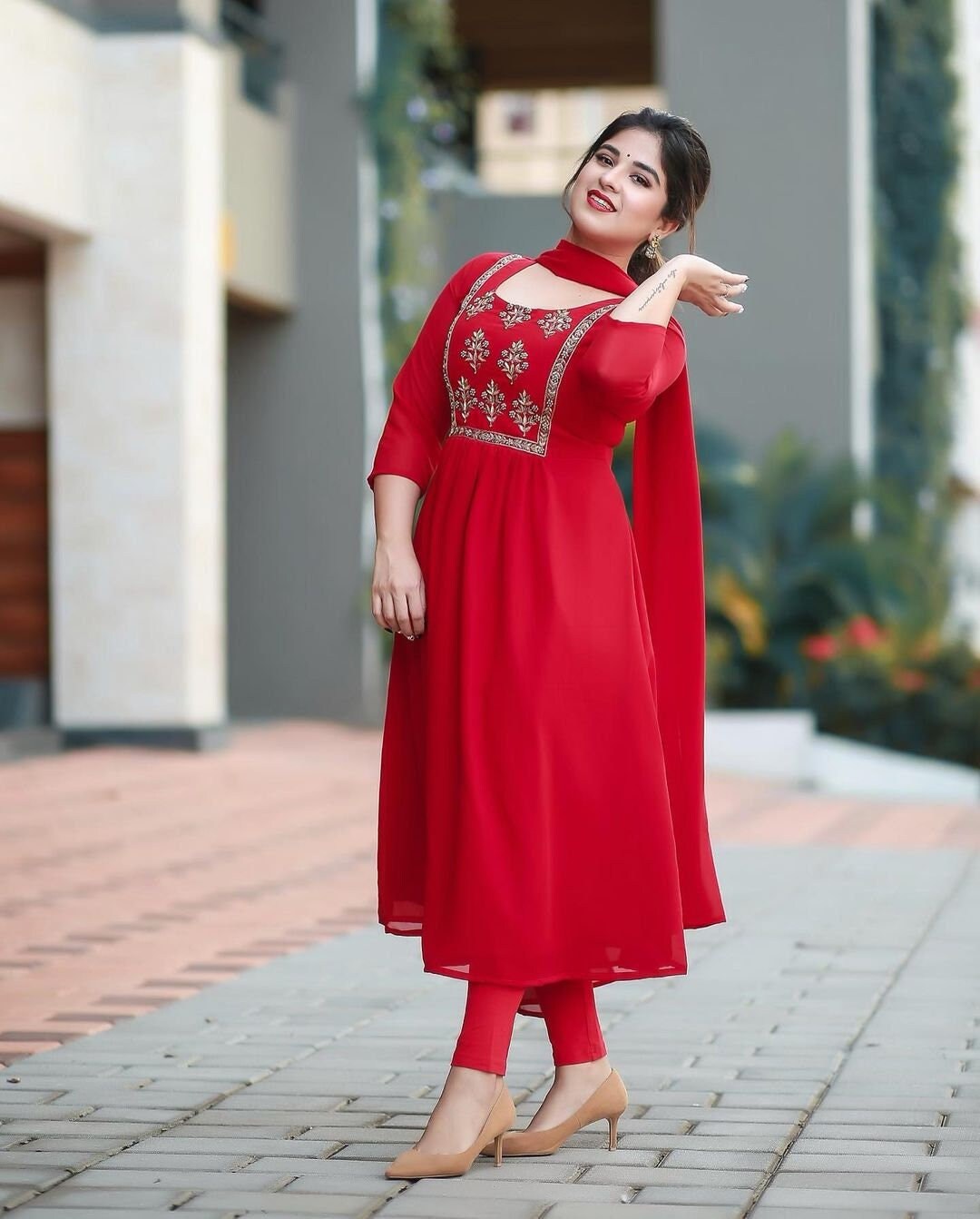 Red Rayon Anarkali Kurti Long Gown Pant 