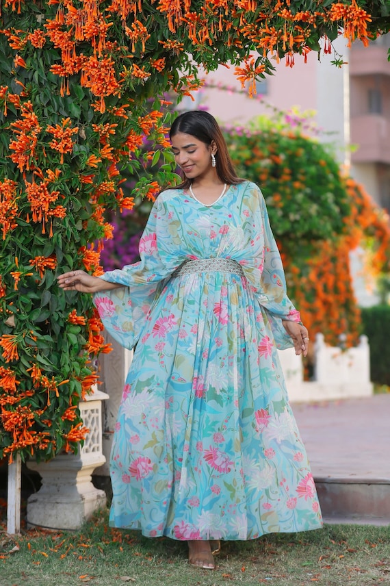 Product Name: *Stylish Floral Printed Anarkali Style Ankle Length Gown Kurti  with Dori... | Kurti, Style, Long sleeve dress