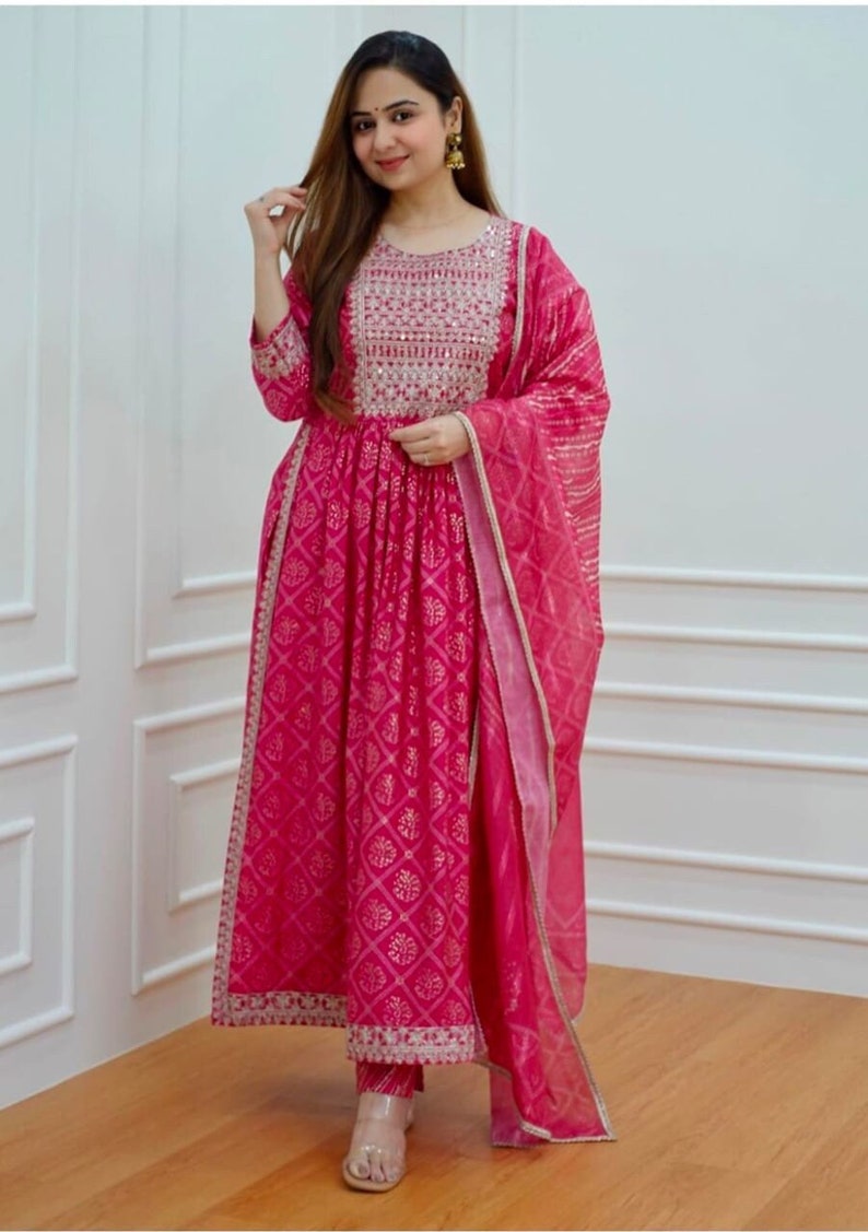 Pink Rayon Anarkali Kurti Long Gown Pant With Dupatta Set - Etsy