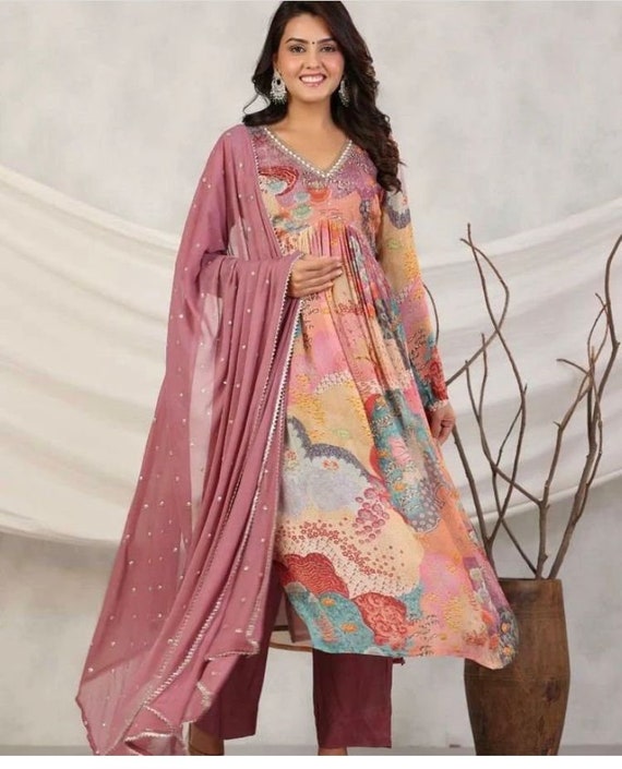 Buy AA-HA!! Women's Anarkali Kurta with Dupatta I Silk Floral Print  Stitched Flared Gown and Duppta Set I Round Neck 3/4 Sleeve Wedding I  Fashionable Look for Girls and Women (M, Gray)