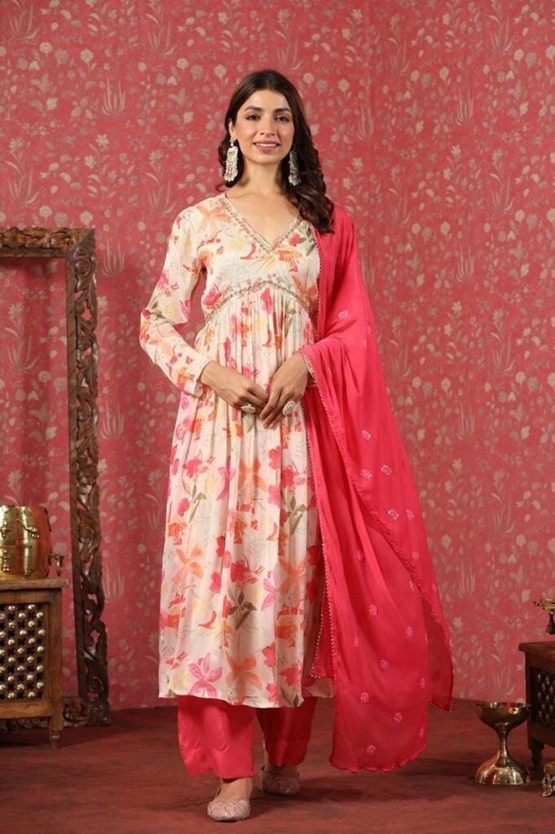 Dark Pink Zari & Sequins Embellished Anarkali kurti with Dupatta |  Apsara-5385 | Cilory.com