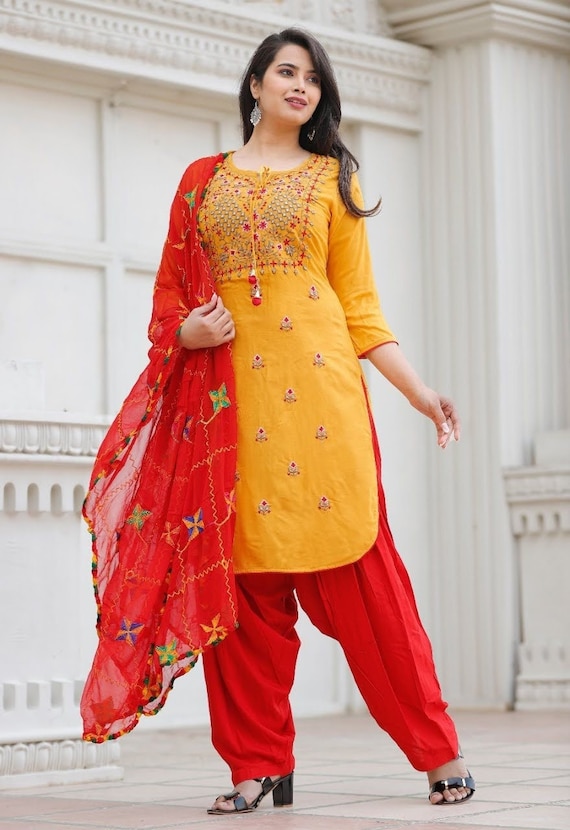 Buy Red Rayon Kurti, Patiala and Dupatta Set Online In India At Discounted  Prices