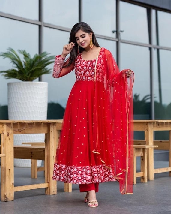 Solid Red Color Georgette Long Kurti With Embroidery Work Dupatta Set For  Women's & Girls