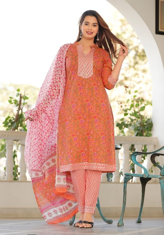 Orange Cotton Kurti Pant and Dupatta Set Designer Kurti Suit Kurti