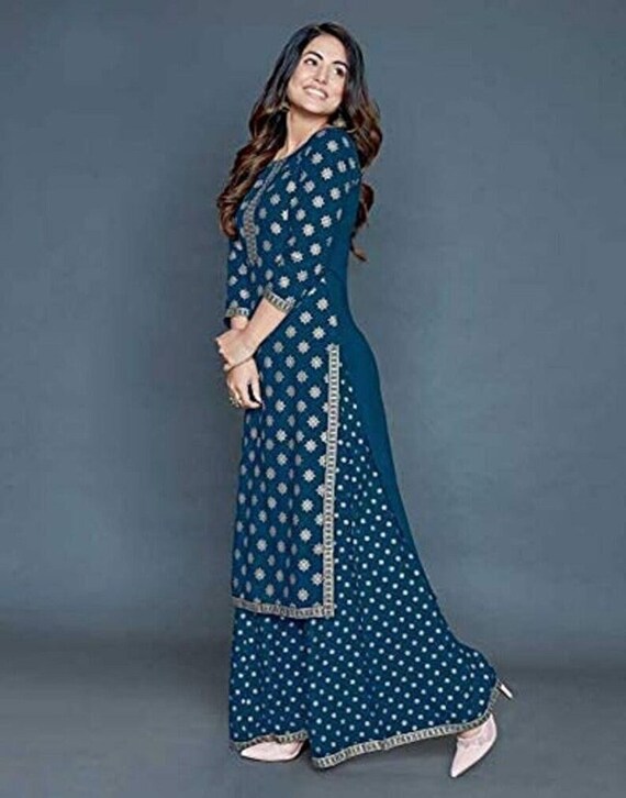 Buy KANSHI Kurti with Pant for Women - Round Neck Cotton 3/4 Sleeve Printed  Kurti with Pant for Girl, Wedding Special Kurti Set Blue at Amazon.in