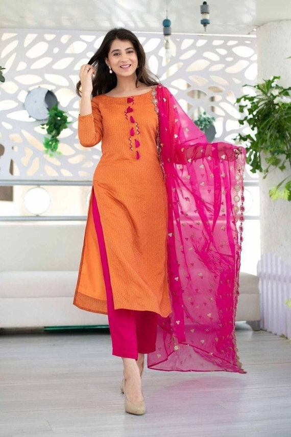 Vedic Women Orange Dyed Empire Thread Work Chanderi Silk Kurta with Le