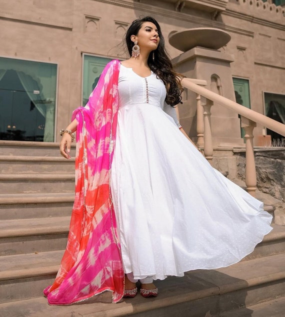 Anarkali style Cotton fabric White & Peach color Ombre Gown with  Chikankari, Zari, Thread work with Dupatta