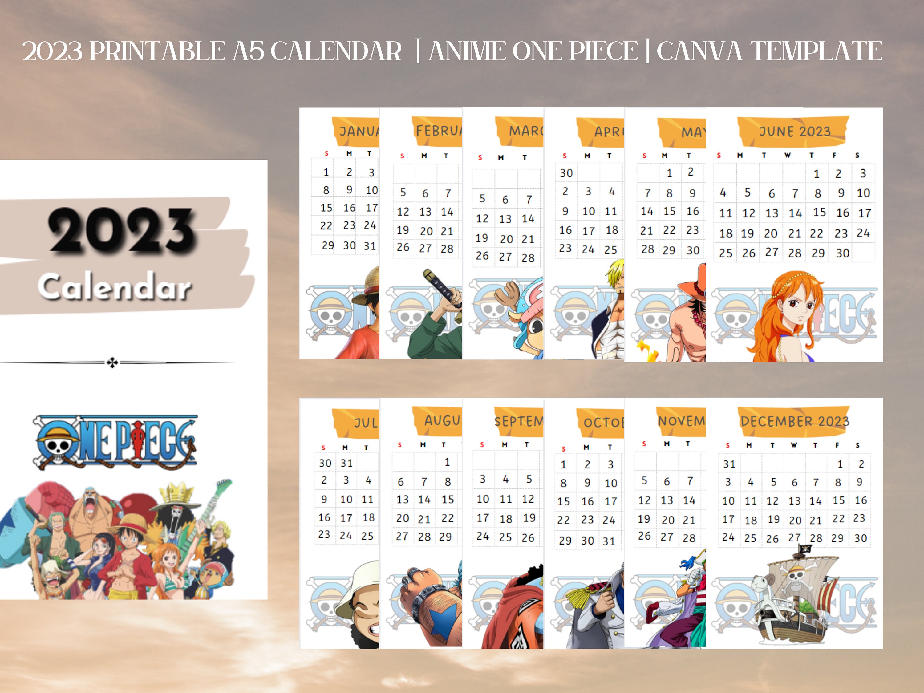 Calendrier A5 imprimable 2023 One Piece Anime Modèle Canva Meilleur  personnage danime -  France