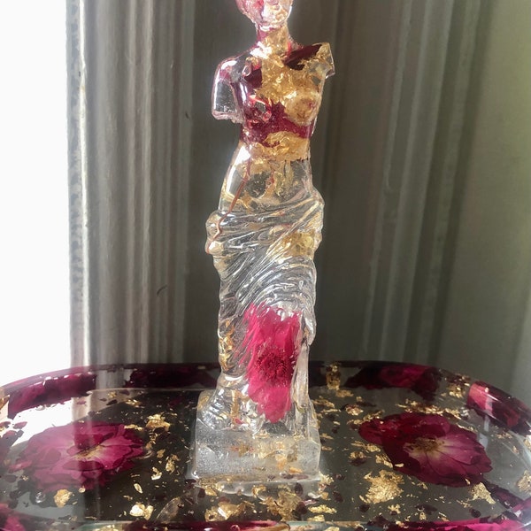 Custom Goddess Aphrodite statue trinket tray or altarpiece with real flowers and crystals/gemstones