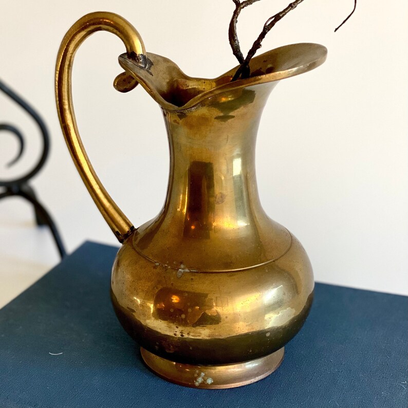 THIN 6.5" Solid Brass Floral Bud Vase Pitcher with Handle~L@@K Vintage THIN 6.5" Solid Brass Floral Bud Vase Pitcher with Handle~L@@K Vintage