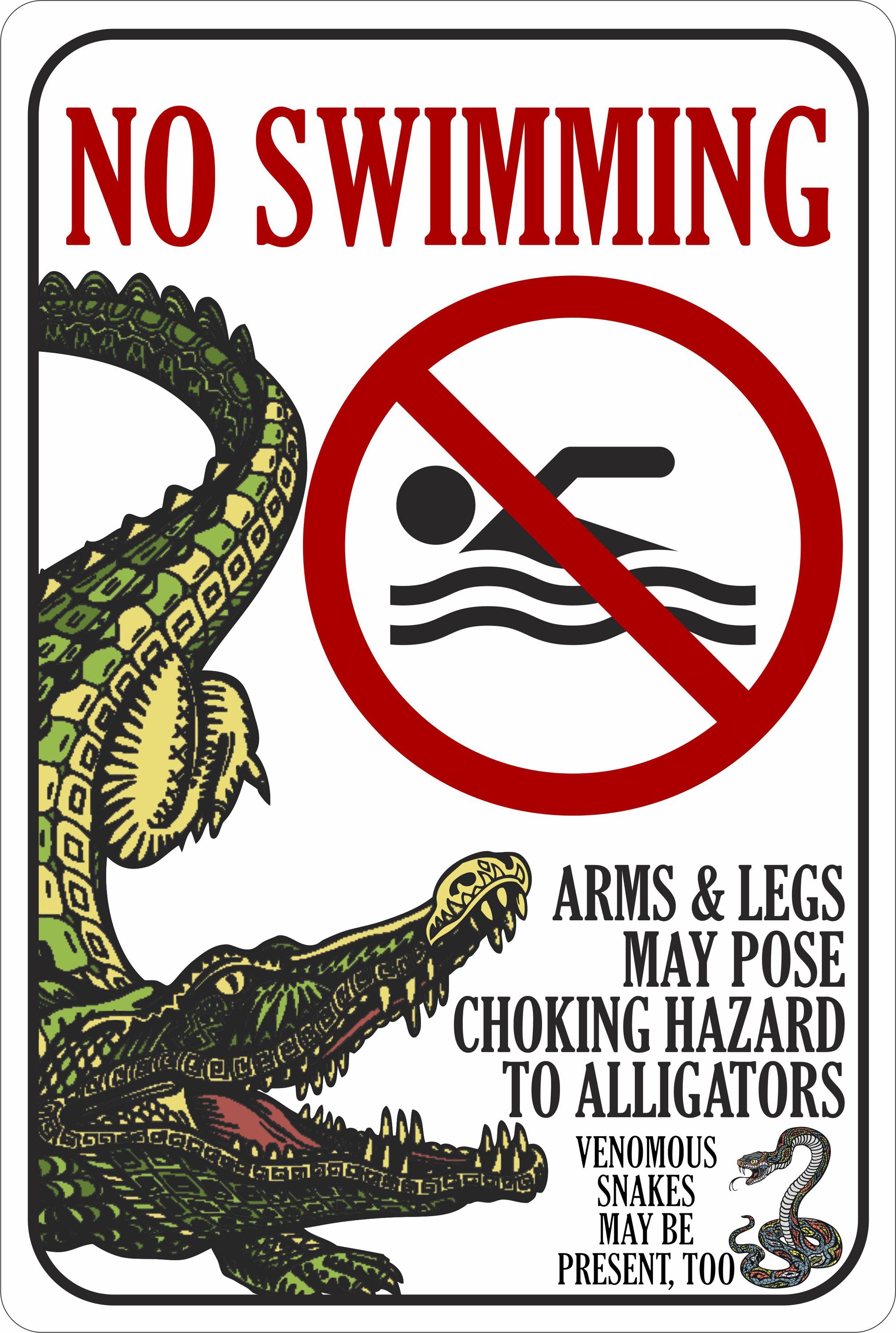 Weatherproof Alligator Caution Sign, No Swimming Beware, Outdoor