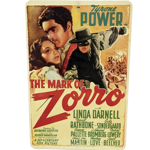 The Mark of Zorro Vintage Movie Poster Metal Sign, Tyrone Power, Linda Darnell, 20th Century Fox, Movie Stars, 8X12 Reproduction Sign