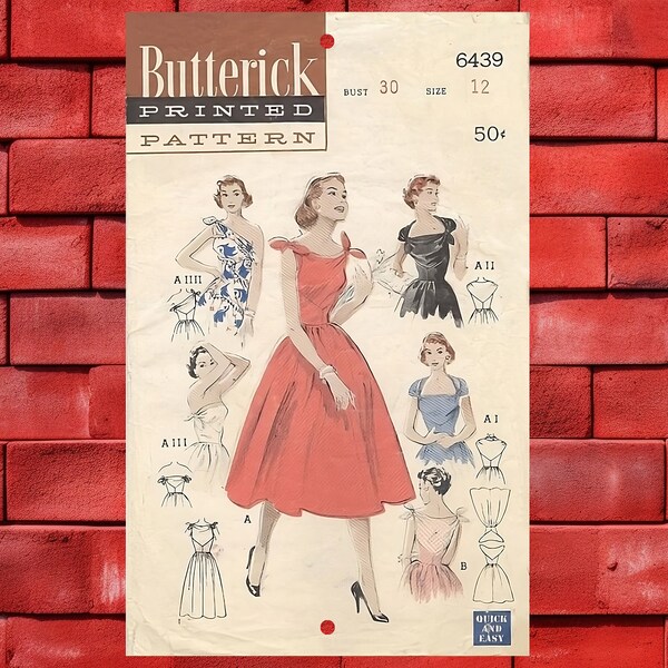 Vintage 1950s Butterick Sewing Pattern 6439 Aluminum Reproduction Wall Decor, 8X12 Inches, One Piece Dress, Circa 1953