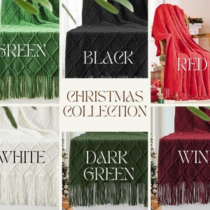 May include: A collection of six knitted throw blankets in various colors, including green, black, red, white, dark green, and wine. The blankets feature a diamond pattern and fringe trim. The text "Christmas Collection" is displayed in the center of the image.