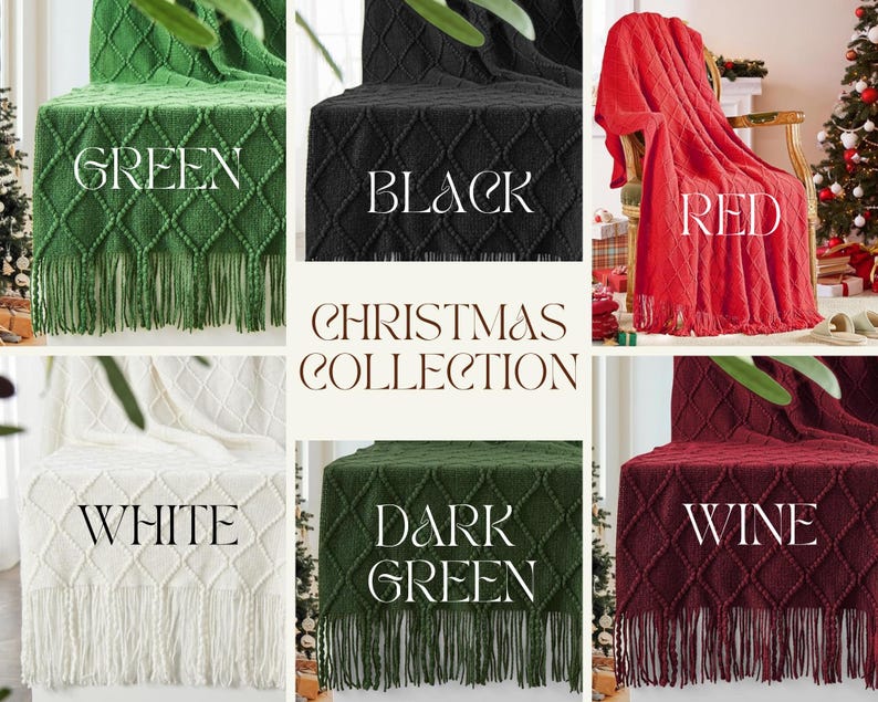 May include: A collection of six knitted throw blankets in various colors, including green, black, red, white, dark green, and wine. The blankets feature a diamond pattern and fringe trim. The text "Christmas Collection" is displayed in the center of the image.