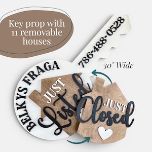 May include: A 30-inch wide white key-shaped prop featuring the text Belkys Fraga and 786-488-0528. It includes 11 removable wooden house-shaped pieces with the text Just Listed and Just Closed, along with a small white heart icon on the closed house.