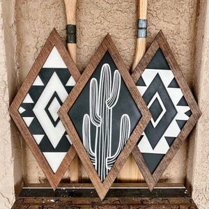 Wood Aztec Cactus Diamond Trio, Southwest Bohemian Wall Decor, Cactus Wall Art, Wood Cactus Decorations, Boho Wall Decor, Cactus Diamond Art