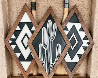 Wood Aztec Cactus Diamond Trio, Southwest Bohemian Wall Decor, Cactus Wall Art, Wood Cactus Decorations, Boho Wall Decor, Cactus Diamond Art