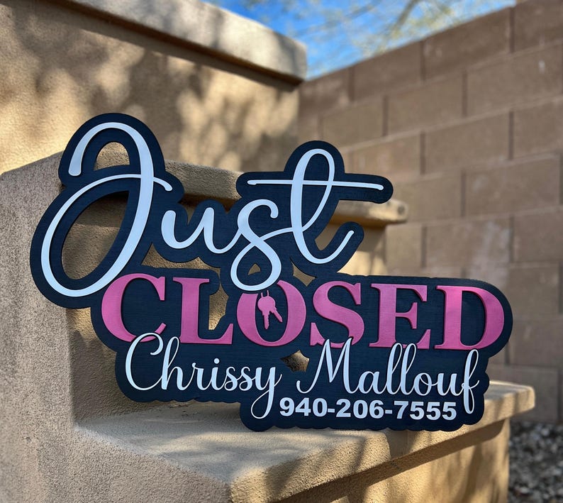 Just Closed Sign Photo Prop Realtor Marketing Tool Social Media Content Creation Real Estate Professional Wooden Construction Key Ceremony Celebration Sold Home Announcement Custom Personalized Text Client Appreciation Gift Agent Branding