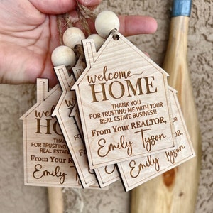 Real Estate Gift Basket Tag, Realtor Closing Gift Thank You Tag, Realtor logo Welcome Home Gift Tag, Wood Gift Tag, Engraved Tag for Gift