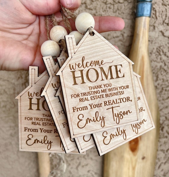 Real Estate Gift Basket Tag Realtor Closing Gift Thank You Tag Realtor logo Welcome Home Gift Tag Wood Gift Tag Engraved Tag for Gift