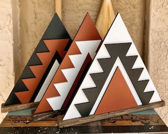 Wood Aztec Shelf Sitter Sign, Southwest Boho Wall Decor, Wood Diamond Art Decor, Desert Style Decor for Shelf and Wall, Aztec Diamond Decor