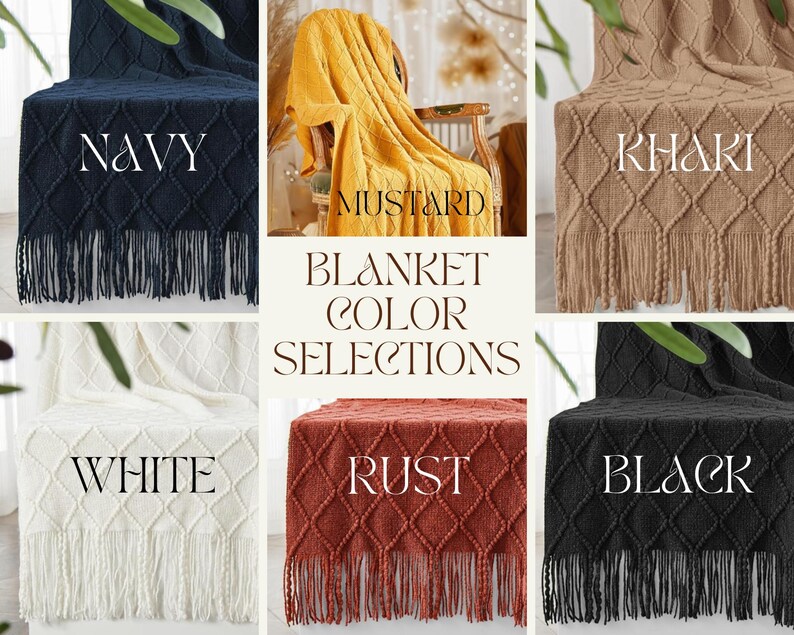 May include: A collage of six different colored chunky knit throw blankets with fringe. The colors are navy, mustard, khaki, white, rust, and black. The text "Blanket Color Selections" is in the center of the image.