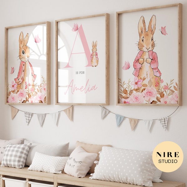 Peter Rabbit Nursery Print, Flopsy Rabbit Wall Art, Initial Print, Girl Nursery Decor, Pink Custom Wall Art, Digital Download Art