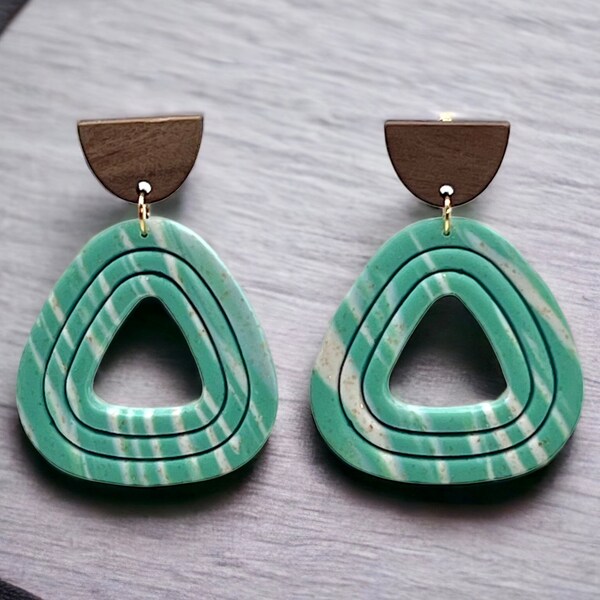 Mint Green And White Earrings/Statement Earrings/Wood Posts/Unique Clay Earrings/Handmade Polymer Clay Earrings/Gifts For Women