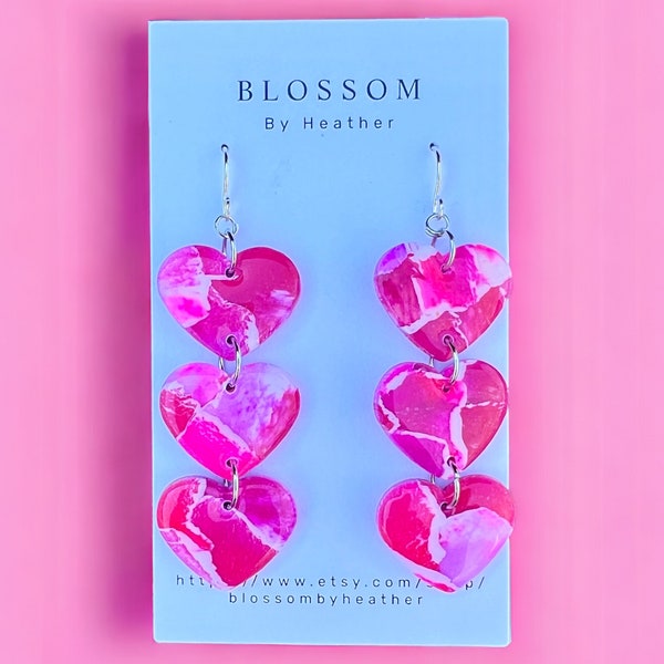 Heart Valentine Dangle Earrings, Pink Heart Earrings, Cascading Heart Earrings, Heart Earrings For Her, Valentine Earrings For Her