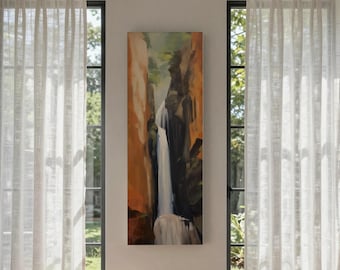 Moody Forest Waterfall Canvas Art: Tall Narrow Nature Landscape
