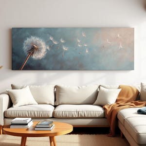 Dandelion Wall Art, Large Horizontal Canvas, Whimsical Farmhouse Decor, Botanical Print for Above Couch