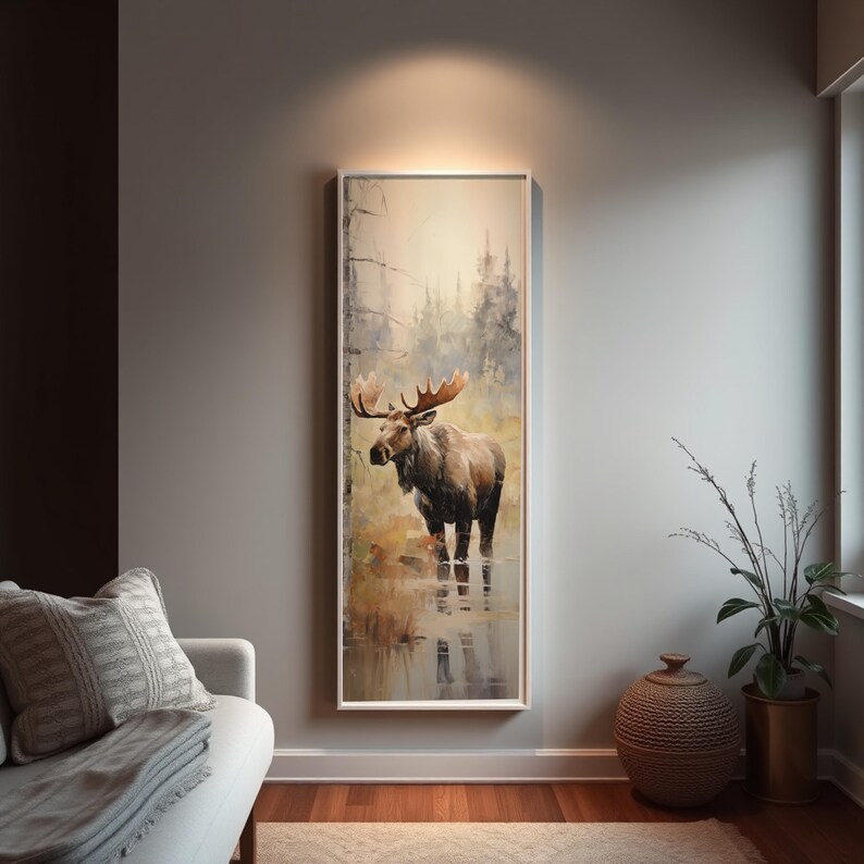 Quadro su tela raffigurante un alce, decorazione rustica con cornice, dipinto di animali selvatici White Framed Canvas