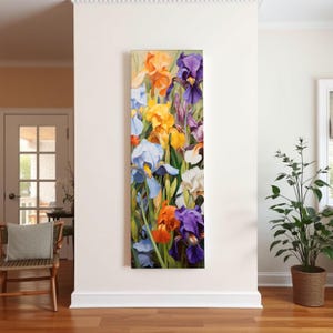Peinture iris violet vif, art floral impressionniste de mauvaise humeur, décoration de jardin cottagecore, impression sur toile botanique sombre pour chambre à coucher