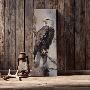 Patriotic Bald Eagle Wall Art, Tall Narrow Canvas for Office Decor, American Wildlife Painting image 1