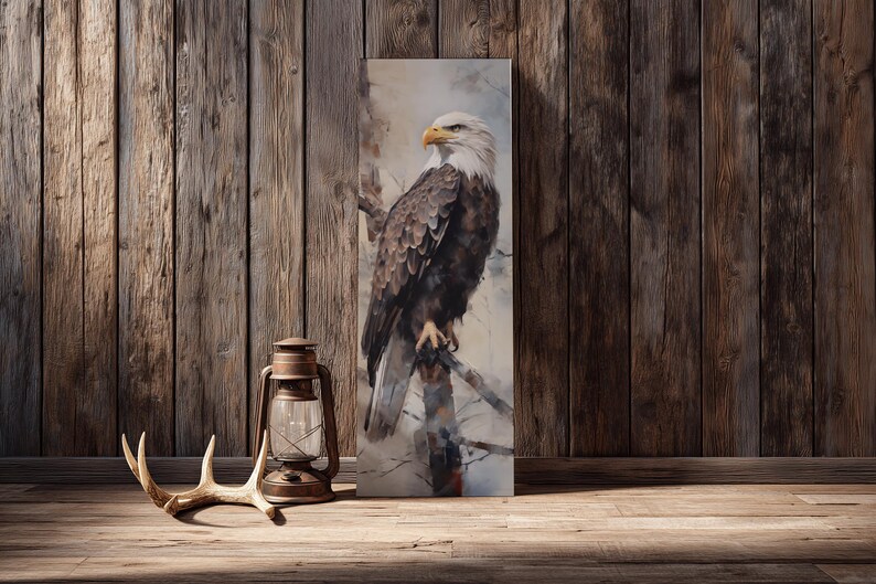 Patriotic Bald Eagle Wall Art, Tall Narrow Canvas for Office Decor, American Wildlife Painting image 1