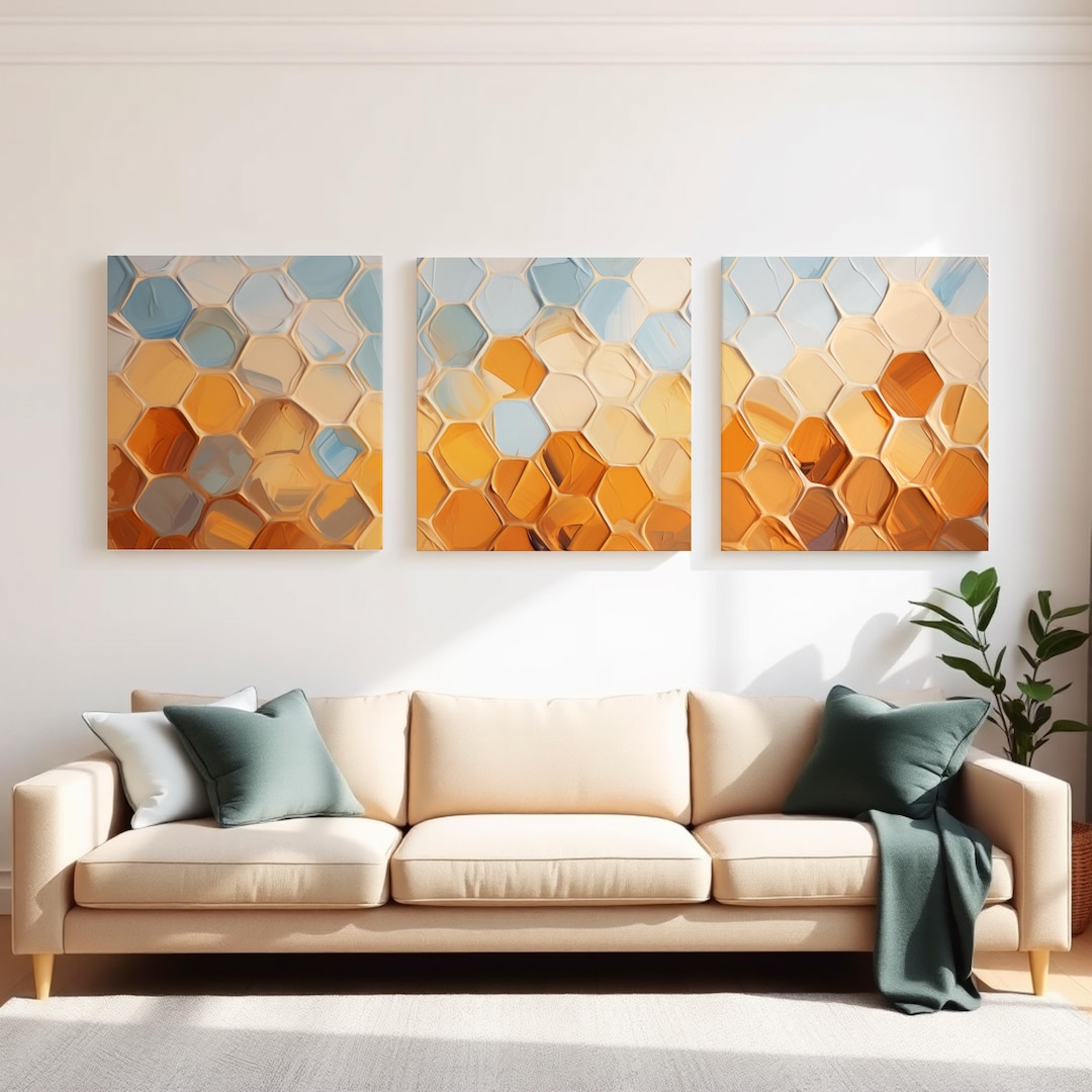 Geometric Three Piece Wall Art Honeycomb Triptych Ready to Hang Decor ...