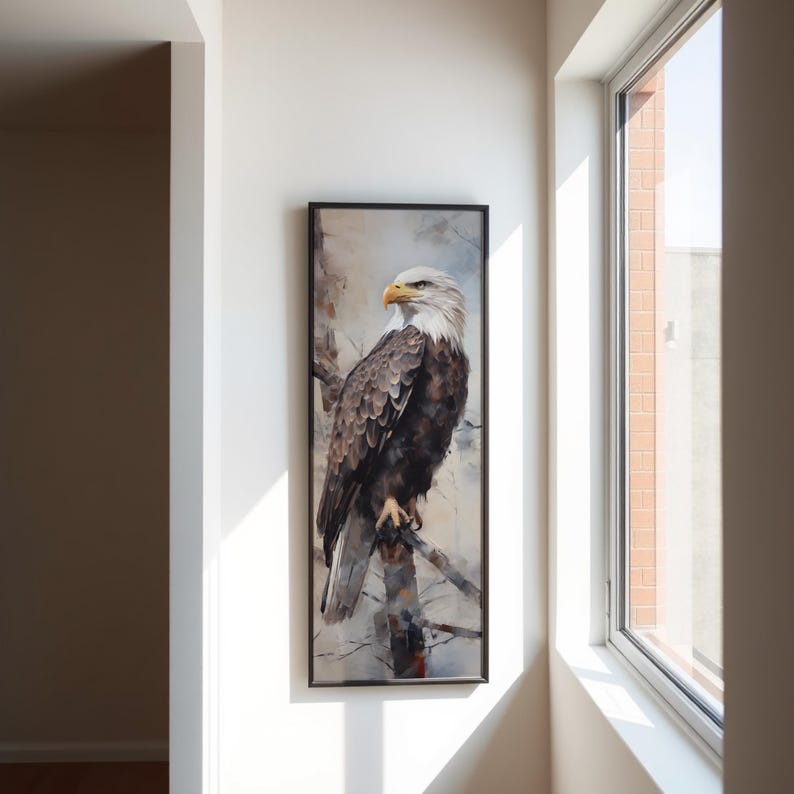 Patriotic Bald Eagle Wall Art, Tall Narrow Canvas for Office Decor, American Wildlife Painting Black Framed Canvas